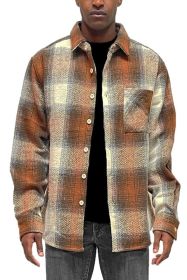 Flannel Shirt Jacket Checkered Plaid Shacket (Color: SAND, size: L)